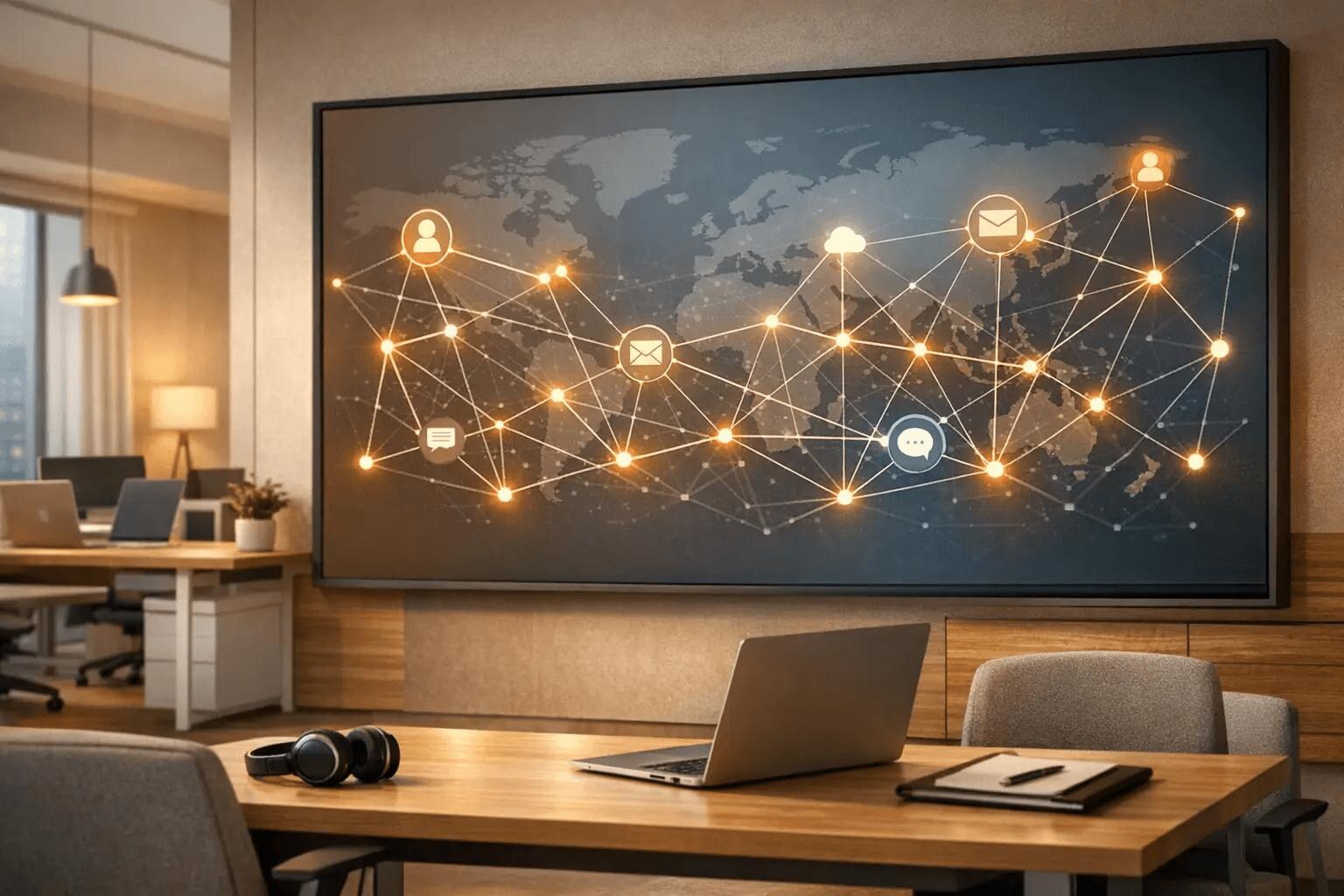 Office workspace with a wall display representing global communication channels
